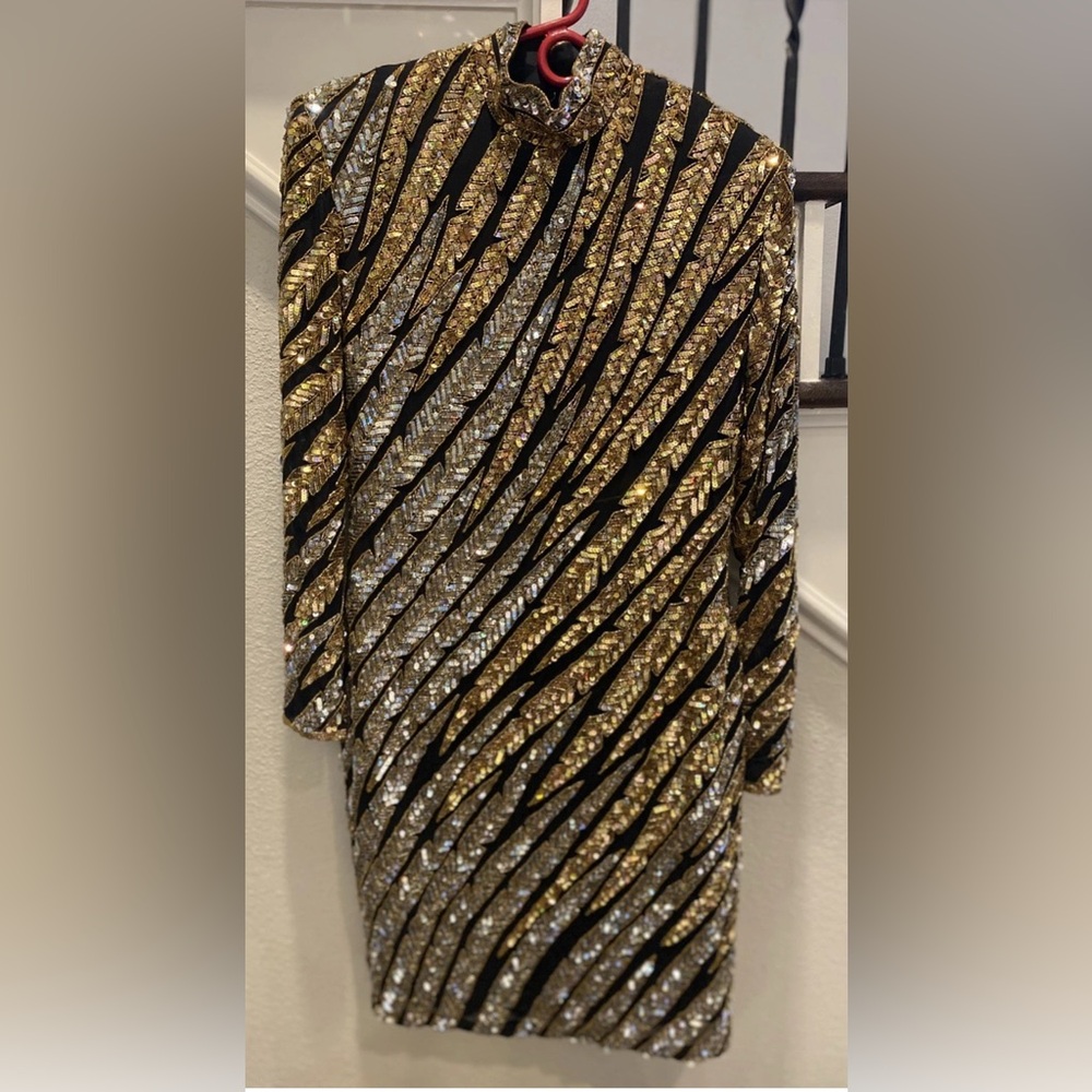 Naeem Khan Riazee  beaded sequin black gold Sz 10 midi silk dress EUC
